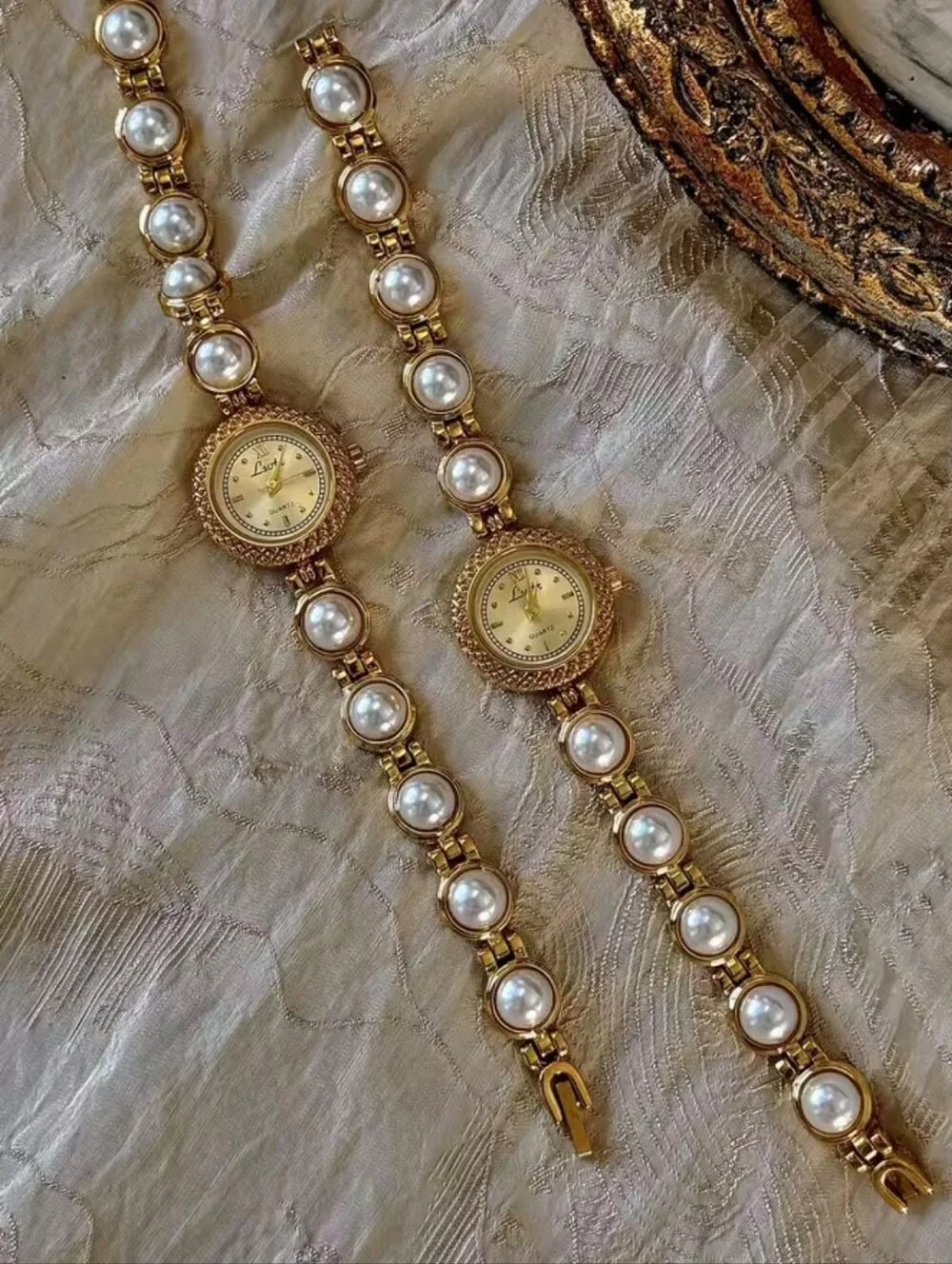 Luxe Gold Pearl-Accented Bracelet Watch - Gold and White